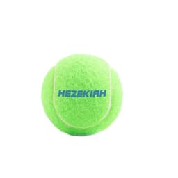 A bright green tennis ball with a logo printed on it. The ball features a textured surface typical of tennis balls.