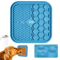 A blue silicone lick mat with various textured surfaces for pets, featuring a hexagonal section and a spatula.