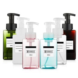 A drink bottle collection featuring six plastic pump bottles in green, white, pink, blue, and dark brown. Each includes a pump top and label.