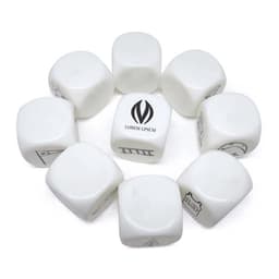 A set of white acrylic dice featuring various designs, arranged in a circular pattern with a logo on one die.