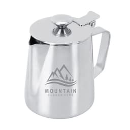 A stainless steel milk frothing jug with a lid, featuring a handle and a logo. Ideal for frothing milk.
