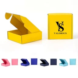 A yellow custom corrugated mailing box with an open flap and a logo, alongside various coloured boxes in shades of pink, blue, and teal.
