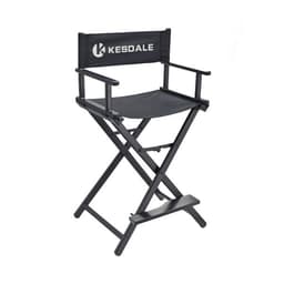 A foldable black makeup director chair with armrests and a logo on the backrest. Ideal for leisure or outdoor use.