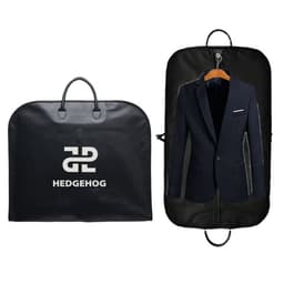 A black PU hanging garment bag with a logo, featuring a suit displayed inside.