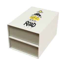 A white flip top magnetic gift box with a graphic design, featuring a car, clouds, and the phrase "Take the Road."
