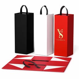 A set of three collapsible wine boxes in black, white, and red, with handles and a decorative mat.
