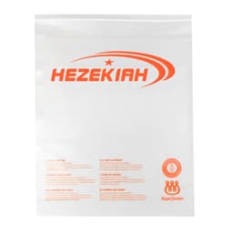 A clear biodegradable garment bag featuring an orange logo and branding on the front.