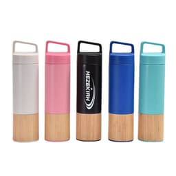 A drink bottle collection featuring various colours: white, pink, blue, and turquoise, with a wood grain non-slip bottom.