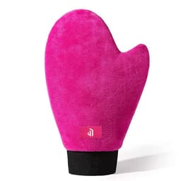 A pink self tanning mousse mitt with a soft, plush texture and a black base, featuring a branding logo.