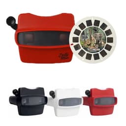 A red 3D viewer with a reel featuring various images, accompanied by black, white, and another red viewer option.