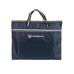 A navy document bag with a handle and zipper, featuring a logo on the front.