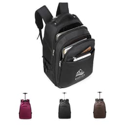 A wheeled laptop travel suitcase in black with multiple zippered compartments and a retractable handle.