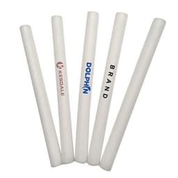 Five custom LED foam sticks in white, featuring various logos printed on them. They are cylindrical and bright.