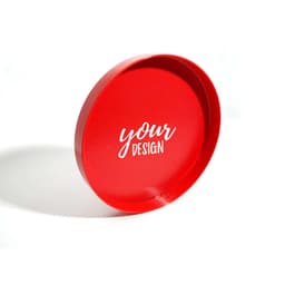 A round, bright red plastic non-slip tray with a customisable design space and a glossy finish.