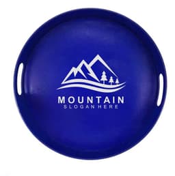 A round blue serving tray with handles featuring a mountain design and a logo. Suitable for home use.