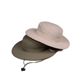 A wide-brim boonie hat with a string, available in beige and olive green. Features a branding logo.