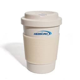 A cream-coloured non-slip coffee cup with a textured sleeve and a lid, featuring a logo.