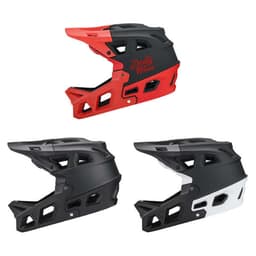 A set of adult motocross helmets in black, red, and a combination of black and white, with a logo on each.
