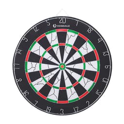 A double-sided dart board in black, white, green, and red, featuring a circular design with numbered sections and a logo.
