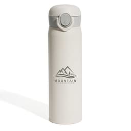 A drink bottle in light beige with a grey logo features a screw-top lid and stainless steel insulated design.
