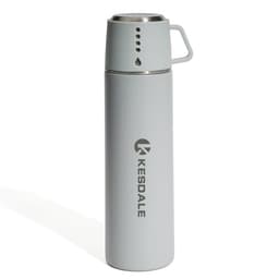 A drink bottle in light grey with a cup attached and a logo on the side, designed for insulation and durability.