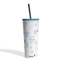 A drink bottle featuring a white design with blue and green patterns, a black straw, and a blue lid.