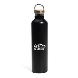 A drink bottle in matte black featuring a metal carrying loop and a wooden top, with a branding element.