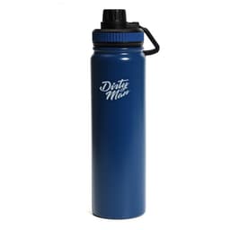 A drink bottle in matte blue finish, featuring a black screw cap and a handle, with a logo on the side.