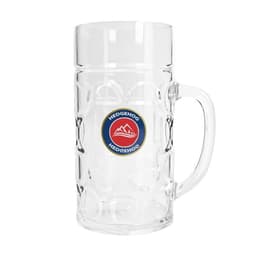 A clear glass beer mug with a handle and a circular logo attached, featuring a design on the front.