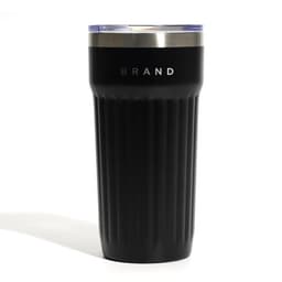A drink bottle with a ribbed black exterior, transparent lid, and metal trim, featuring a logo.