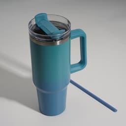 A drink bottle featuring a gradient design in teal and blue, with a handle, straw, and a transparent lid.