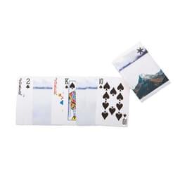 A set of poker cards in white featuring spade suits, Jokers, and a deck case with a mountain design.