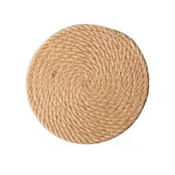 A round, woven placemat in a natural beige tone, featuring a spiral pattern. It includes a logo.