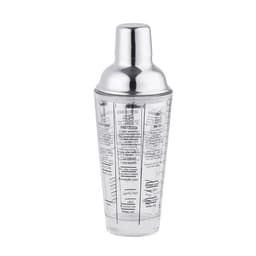 A cocktail shaker with a silver finish and measurement markings, featuring a logo on its surface.