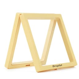 A triangular display stand in a soft yellow hue, featuring a brand logo at the base.