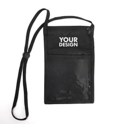 A black neck pouch with a cord and a zippered compartment, featuring a transparent front for custom design.