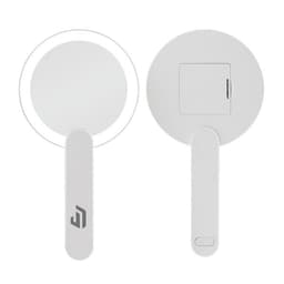 A lighted makeup mirror with a handle, featuring a sleek white design and a branding logo.