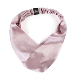 A 100% mulberry silk headband in a soft pink shade, featuring an elasticated design and a logo.