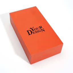 An orange custom paper box with a lid, featuring a logo and a design space on the surface.