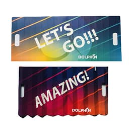 A foldable paper fan in vibrant colours with bold text, featuring a logo and a pleated design.