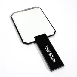An acrylic handheld mirror with a black handle and a blank surface for custom designs.
