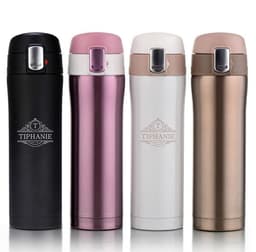 A drink bottle collection featuring a black, pink, white, and metallic gold thermos cup, each with a logo.