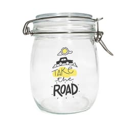 A round glass mason jar with a metal clasp, featuring a playful design of a car, sun, and text in black and yellow.