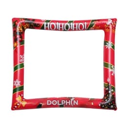 An inflatable photo frame prop in red with festive designs, featuring snowflakes and Santa Claus.