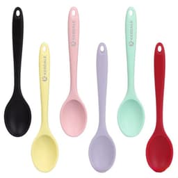 A set of multicoloured silicone spoons in black, pink, yellow, lavender, and red, featuring a logo.