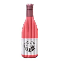 An inflatable champagne bottle pool float in shades of pink and white, featuring a logo on the front.
