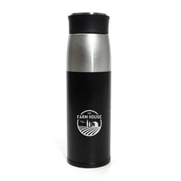A drink bottle featuring a black and silver stainless steel design, with a logo on the front.