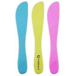 Three plastic multi-purpose butter knives in blue, yellow, and pink, featuring a logo on one knife.
