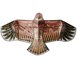 An eagle-shaped kite featuring vibrant red, brown, and yellow colours, with a string reel included.