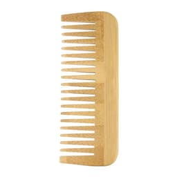 A bamboo wide-tooth comb in a natural wood finish, featuring teeth of varying widths.